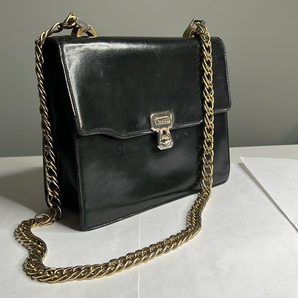 Gucci 1970’s Structured Black Leather Handbag On … - image 1